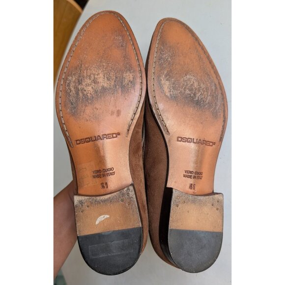 DSquared2-Men\'s Brown/Ivory/Taupe-Suede Almond Toe Penny Loafers-EU41/US 8